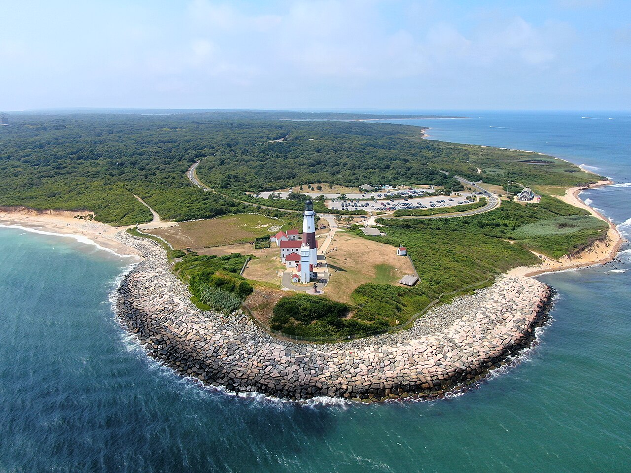 Aerial view of Montauk Point Lighthouse on the Long Island coastline